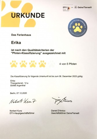 Erstmals und neu über DTV als eines der ersten Ferienhäuser in Rheinland-Pfalz mit vier Pfoten zertifiziert.