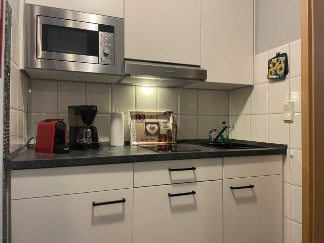 Küche mit Spülmaschine und Mikrowelle mit Grill