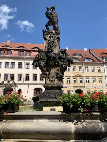 Blick über den Neumarkt und Brunnen zur FeWo