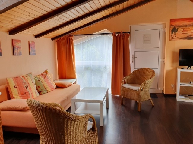 Wohnzimmer mit Schlafcouch und. Küchenzeile