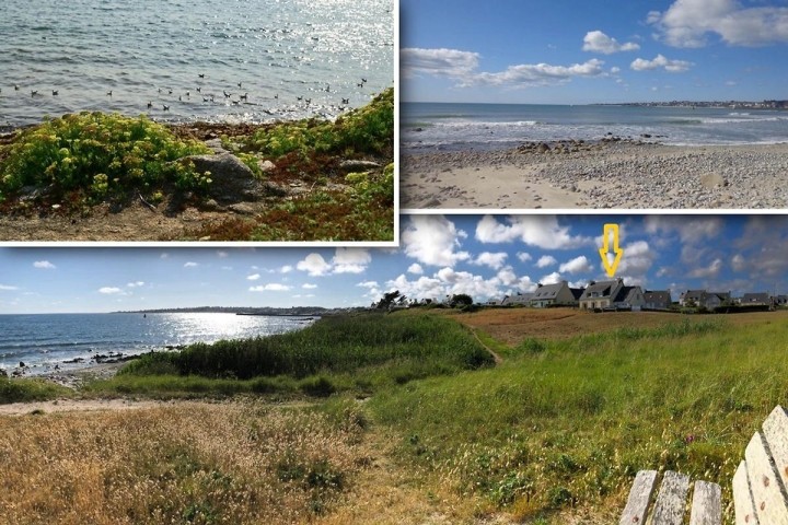 Blick vom Küstenweg zum Haus, und dann runter an den Strand bei Flut