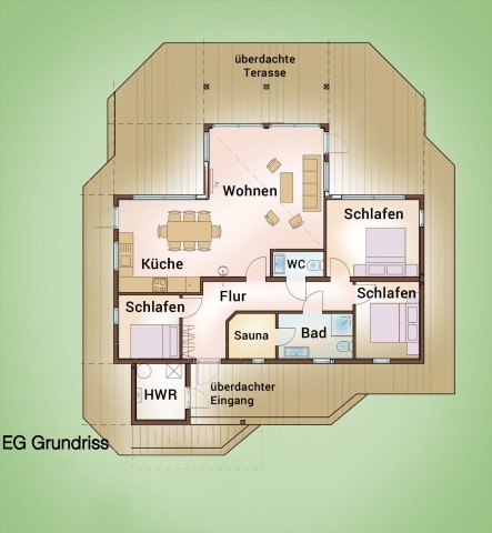 Grundriss, das Carport mit Gründach und der kleine Schuppen sind in der Entstehung :o)