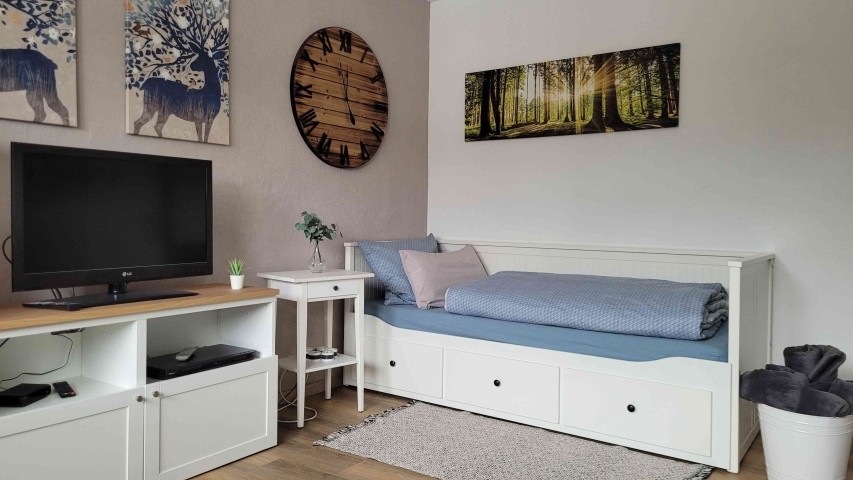 Wohnzimmer mit Tagesbett (auch als kleines Doppelbett 2x80x200)