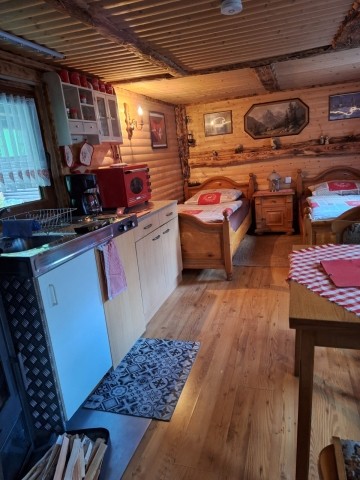 Waldhütte innen vom Eingang aus gesehen