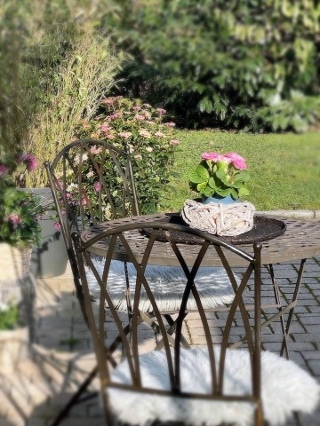 Garten mit Rasen, Bäumen und Bambus