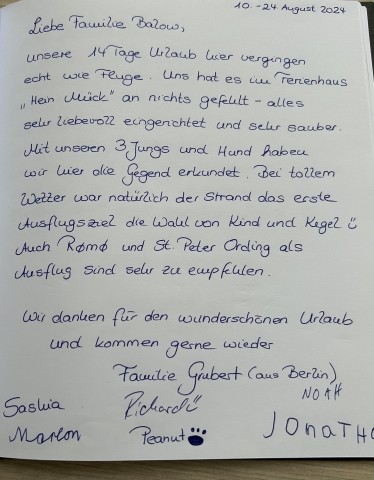 Eintrag Gästebuch Ferienhaus Hein Mück