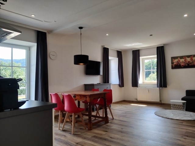 Wohnbereich mit Smart TV und Brettspielen