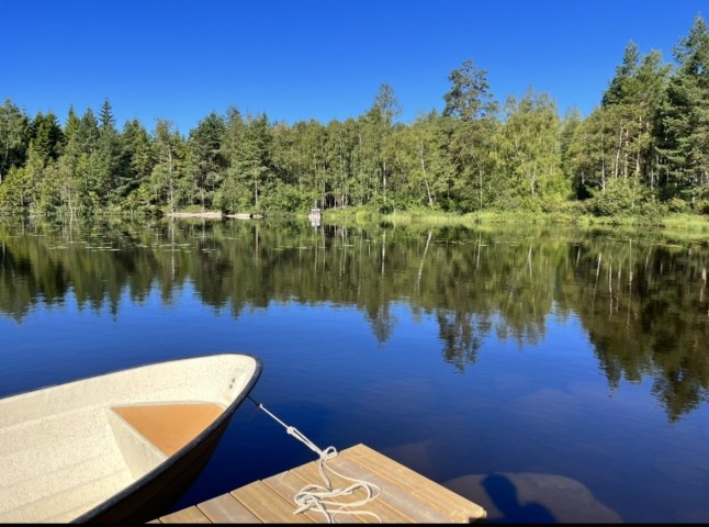 Privatstrand mit Steg und Boot 