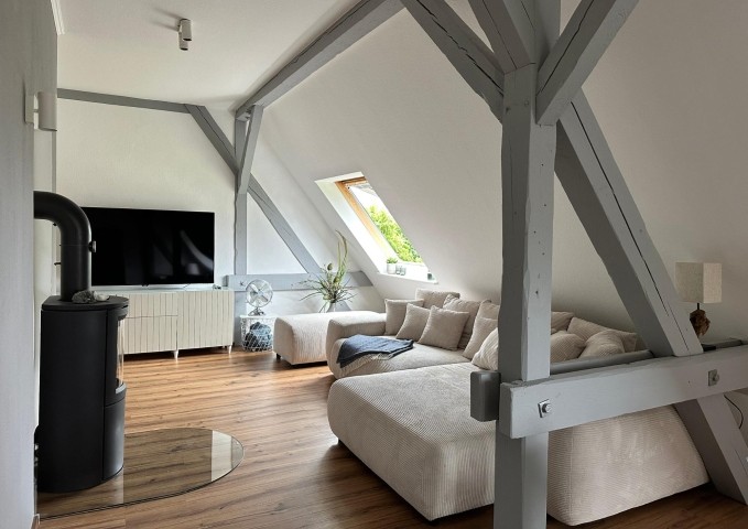 Wohnzimmer mit Schlafcouch und Kaim