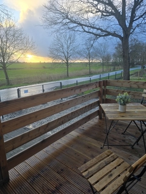 Aus der Küche auf die Terrasse mit Blick auf den Elbdeich