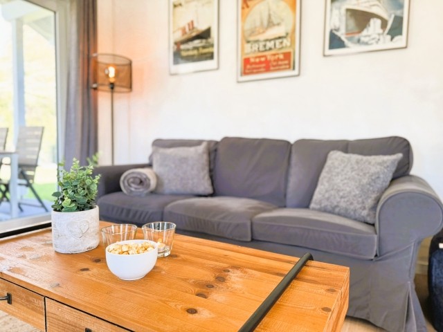 Gemütlicher Wohnbereich mit Couch, Holzofen, TV
