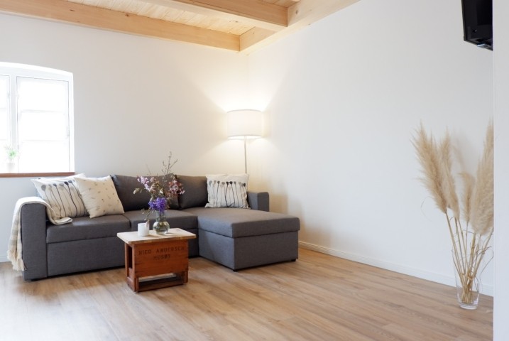 Wohnbereich mit Ecksofa und Smart-TV
