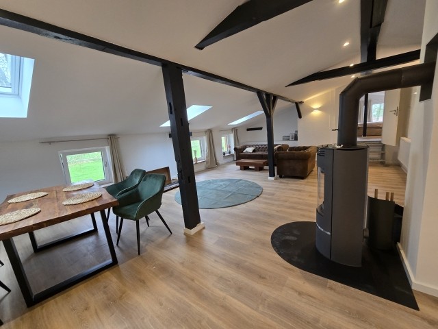 Wohnzimmer mit Essecke, Küche und Kamin