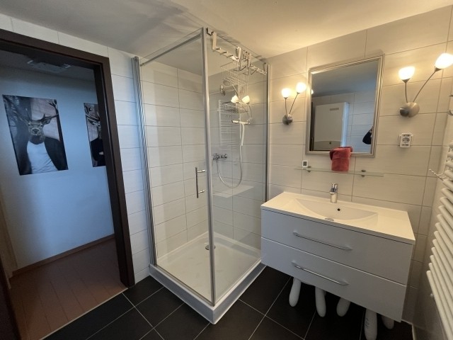 Modernes Badezimmer mit Waschbecken, Spiegel und Dusche