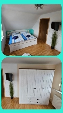 Schlafzimmer groß OG Bett 180x200 plus Schlafcouch und Kinderreisebett