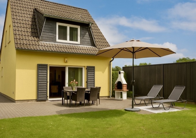 Terrasse mit Garten, Essbereich, Sonnenliegen und Sonnenschirm