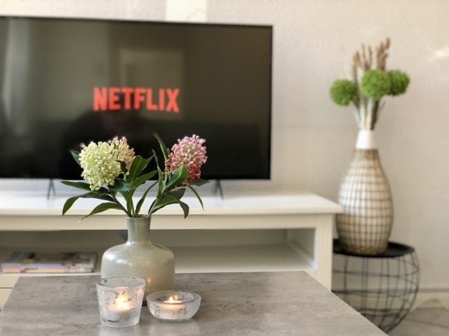 Wohnbereich mit 2 zweier Sofas, TV und Schreibtisch