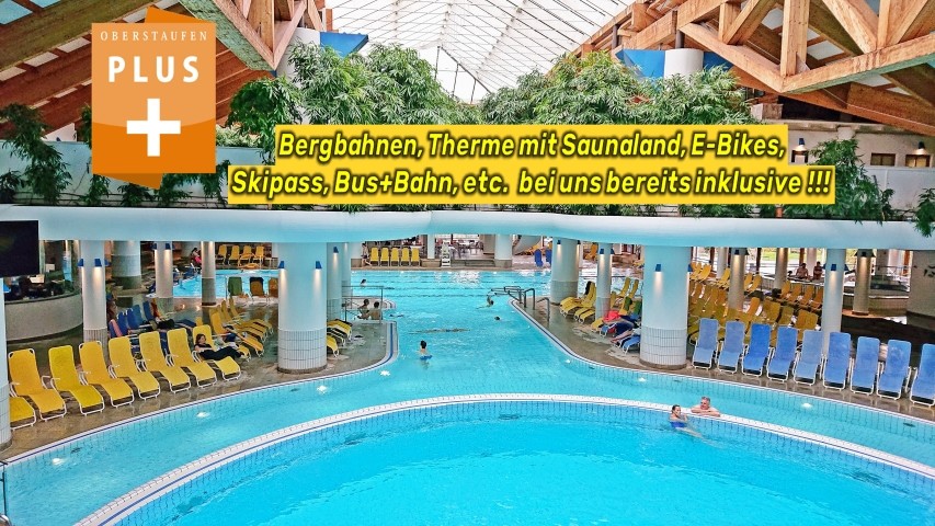 Für unsere Gäste gratis: die Sole- und Erlebnistherme Aquaria mit u.a. großem Saunaparadies, Solebecken, Außenwarmwasserbecken, Sprudelbecken, Strömungskanal und Ruhebereich 