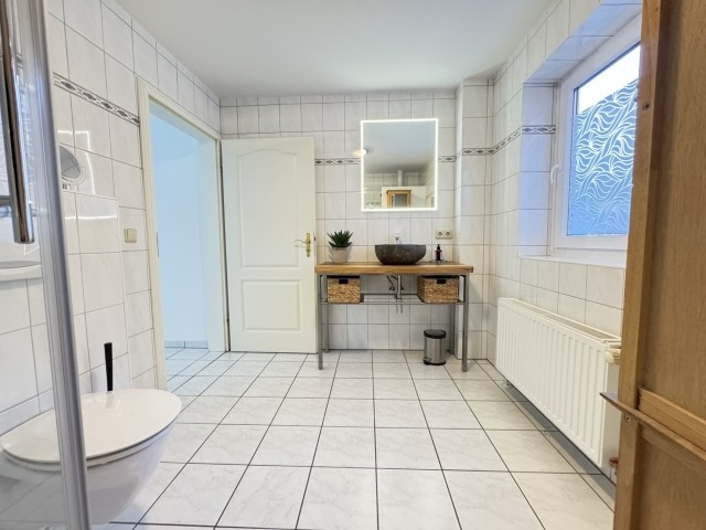 Bad mit geräumiger Dusche, WC, Tageslichtfenster und Fön