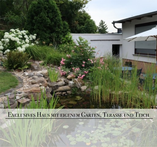 Hofansicht mit Gartenteich und Terrasse