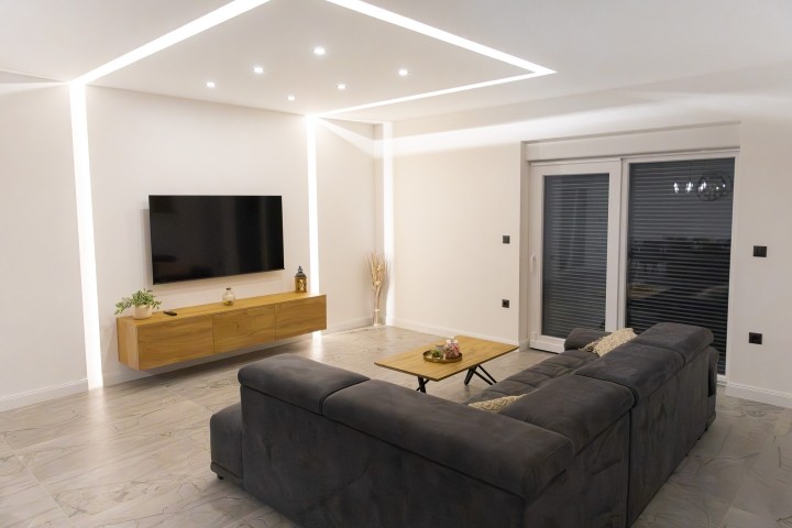 Enjoy the calm and warmth of the living space during the nighttime hours.