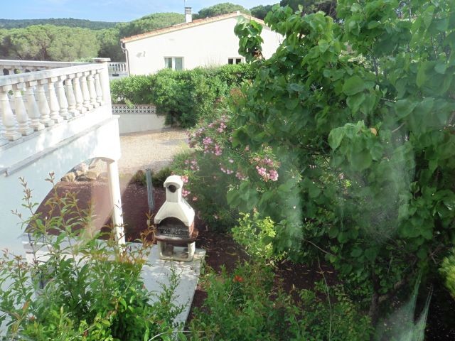 Blick in den Garten mit Barbeque