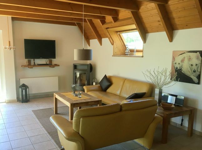 Kuscheliger Wohnbereich mit Ledersofas und Kaminofen