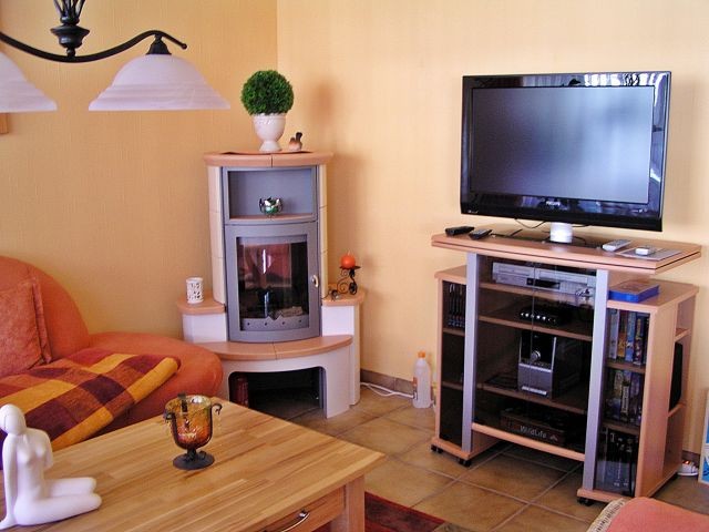 Kaminofen und Multimedia im Wohnzimmer (u.a. HD-TV, DVD, HiFi, Playstation)